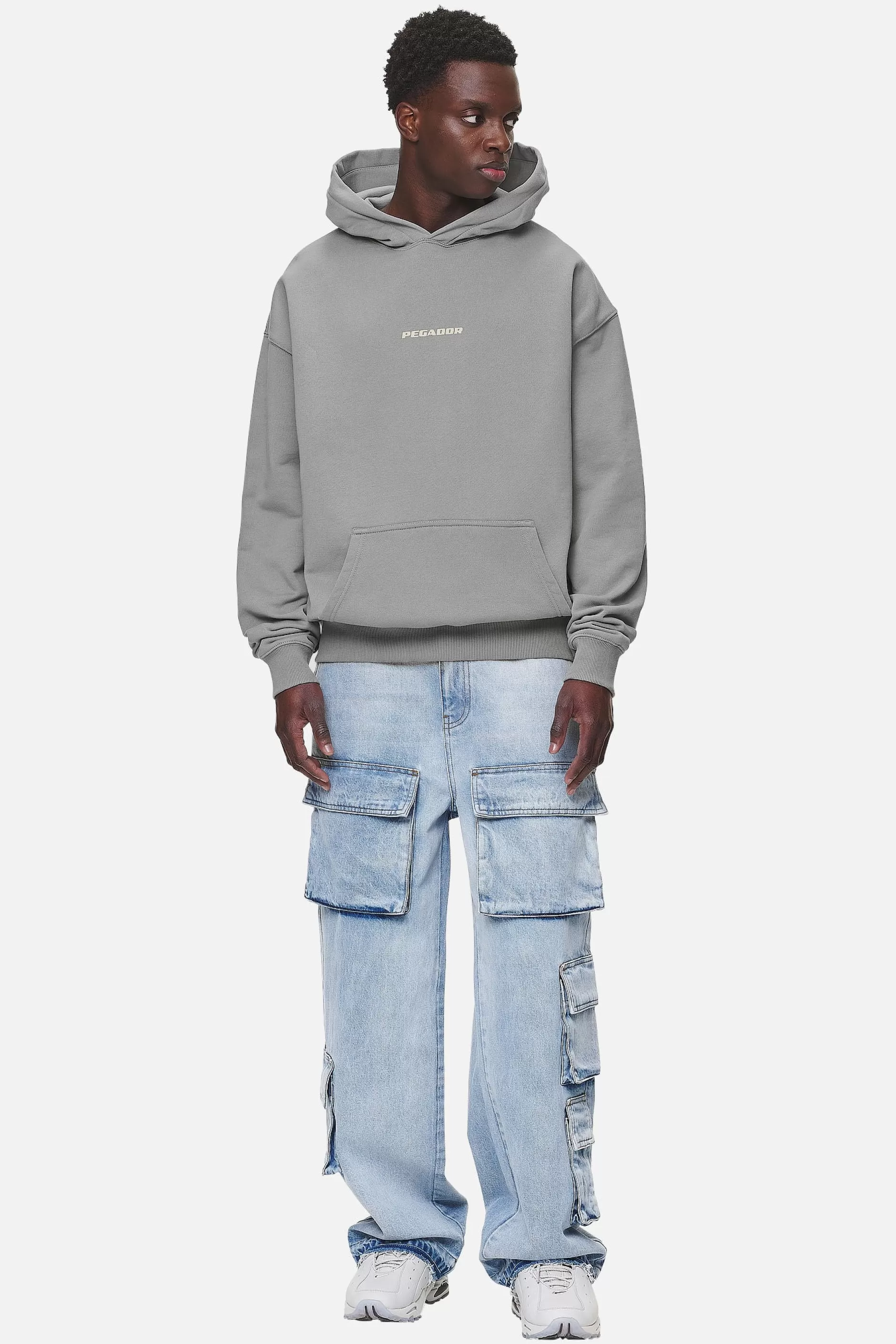 Discount Pegador Colne Logo Oversized Hoodie Washed Cool Grey Desert Sand